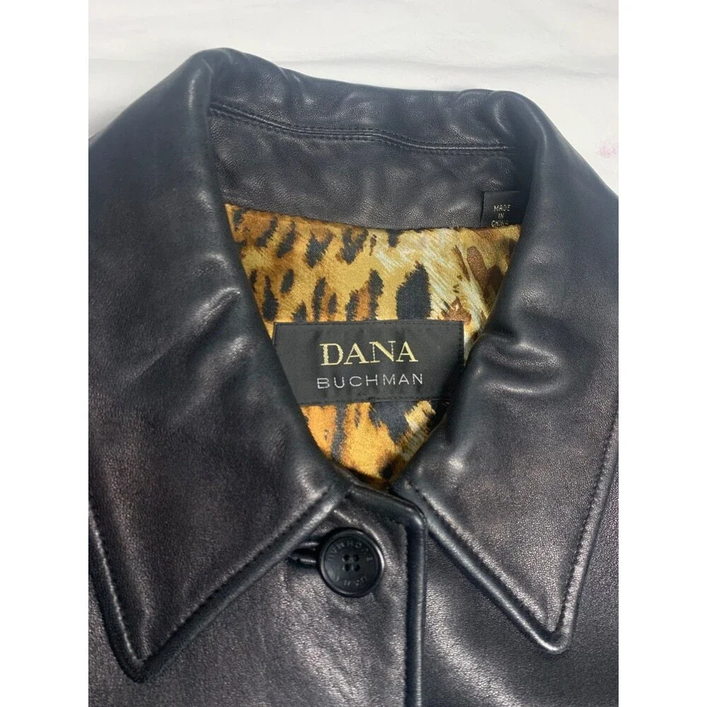 Vintage Dana Buchman Black Leather Car Coat Jacket Leopard Print Lining Size XL - Picture 2 of 9